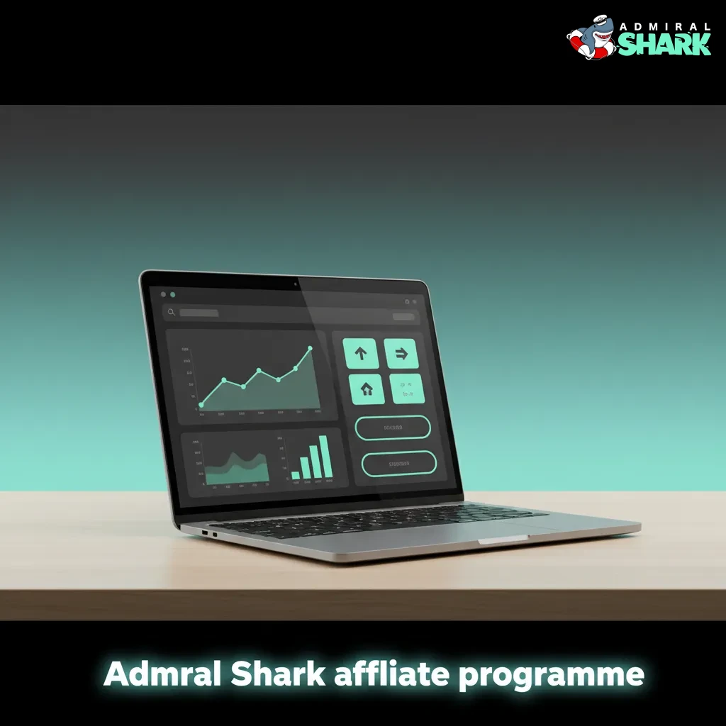 Admiral Shark affiliate programme banner highlighting casino/sportsbook commissions, assets, tracking, reports, support