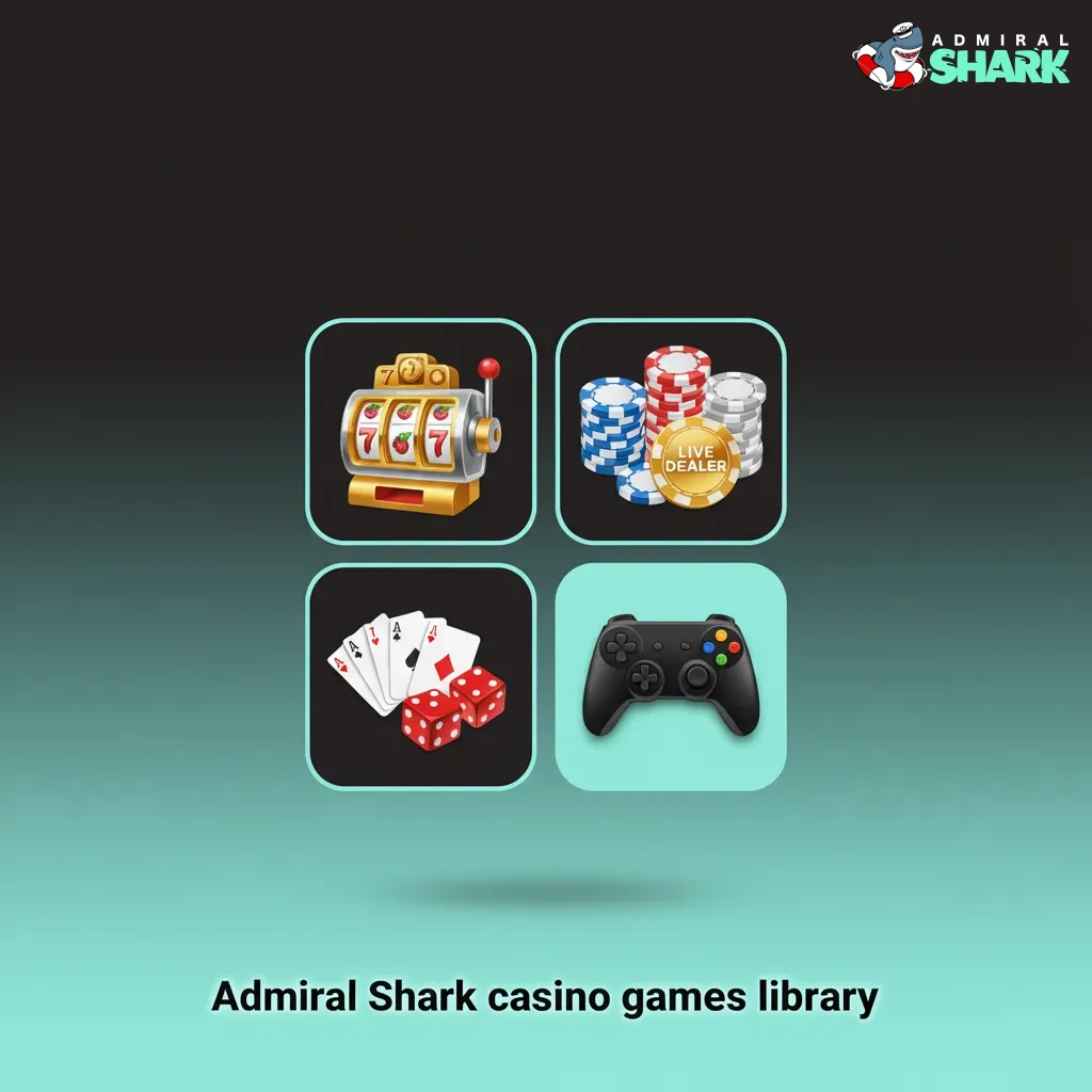 Admiral Shark casino games library with 2,500+ titles, category tiles for slots, Megaways, jackpots, tables, instant, crash.