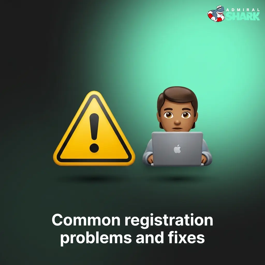 Illustrated guide to common registration problems and fixes including email, address, card, age check, and account issues