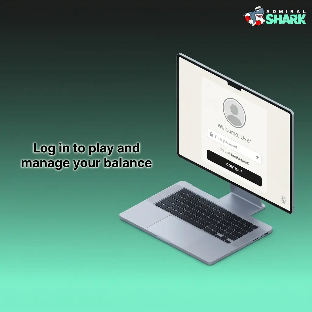 Admiral Shark login page showing steps to sign in, manage balance, deposit, withdraw and play games on desktop or mobile