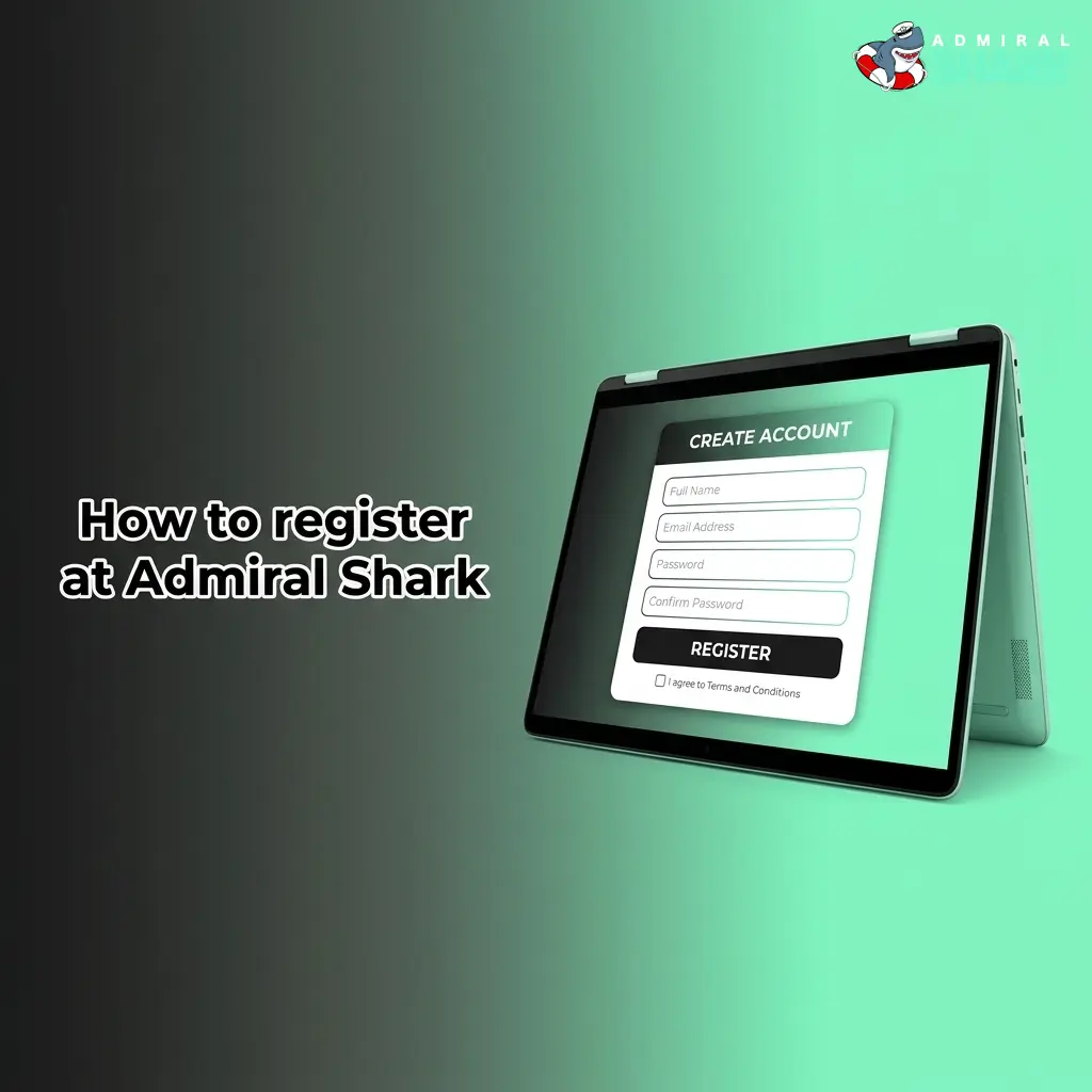 Admiral Shark registration steps showing a 5-step sign-up process to access games, sports, and promotions in GBP