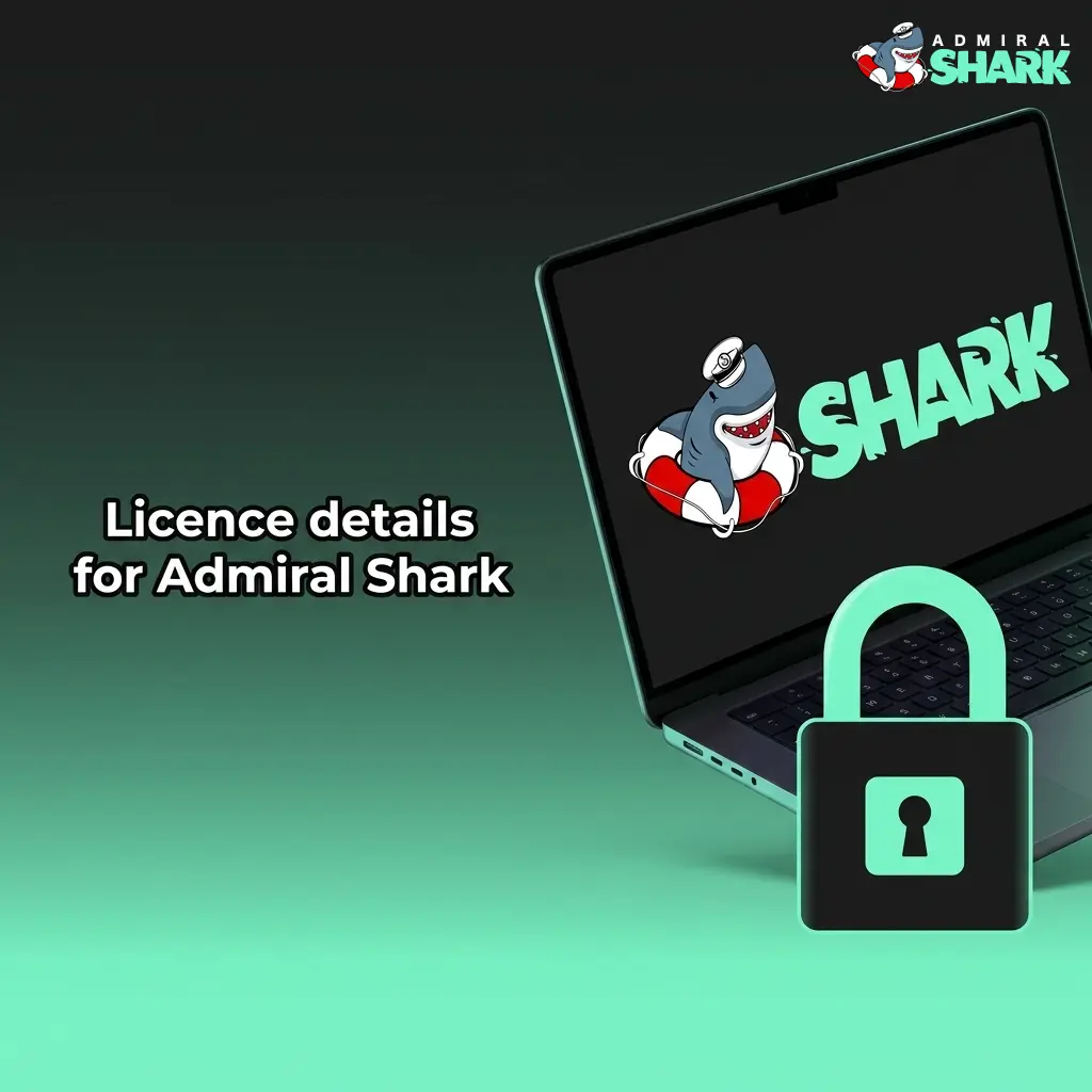 Admiral Shark remote gambling licence details including issuer, number, and issue date listed in the website footer