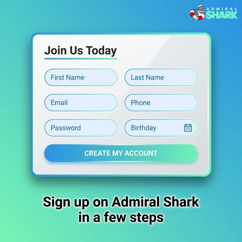 Admiral Shark registration steps showing sign up form with email, password, currency and country fields