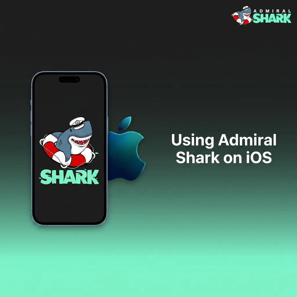 Admiral Shark iOS PWA setup guide showing Safari Share menu and Add to Home Screen steps on iPhone