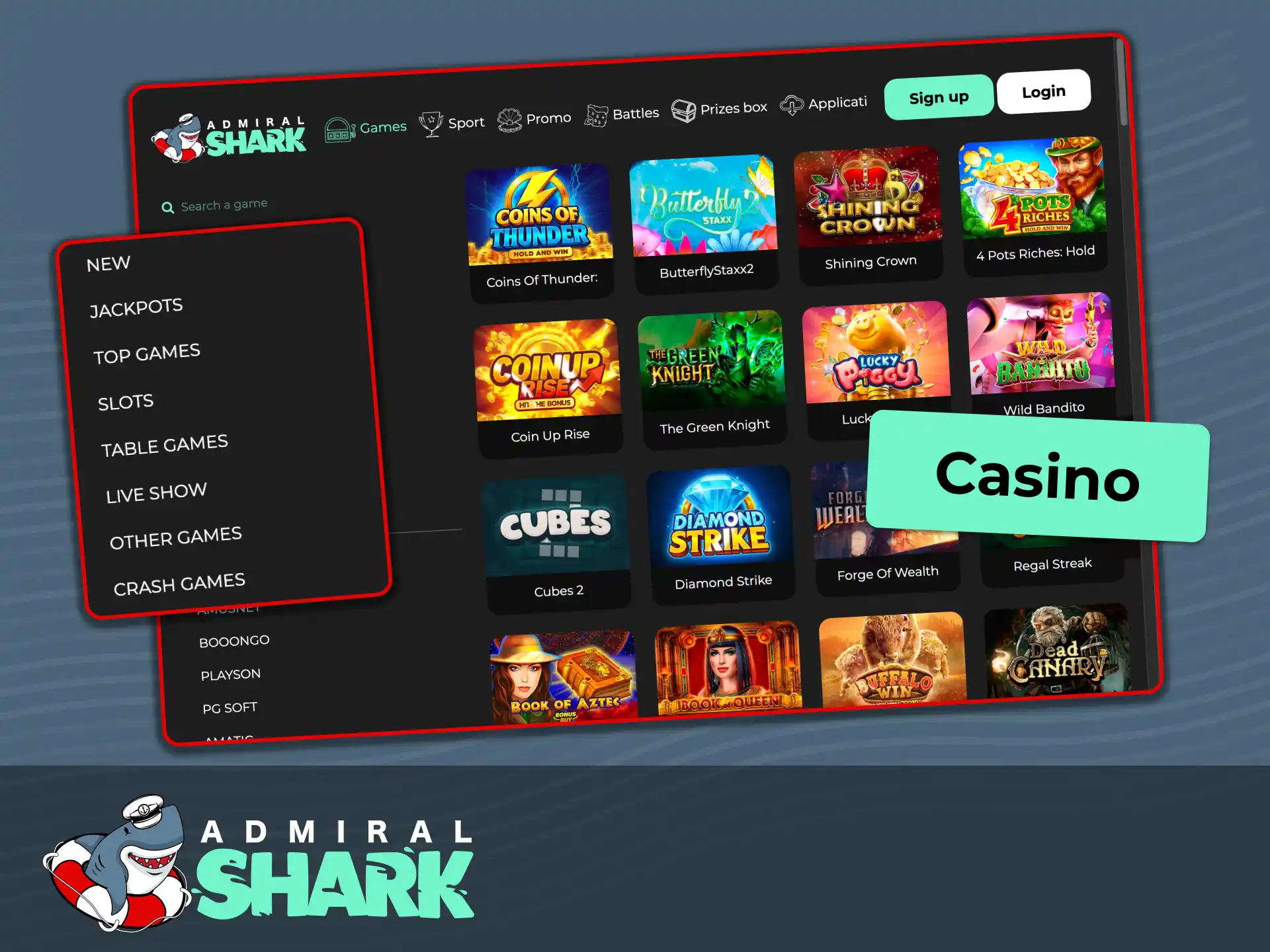 Explore curated lobby categories for new slots, jackpots, and table games at Admiral Shark.