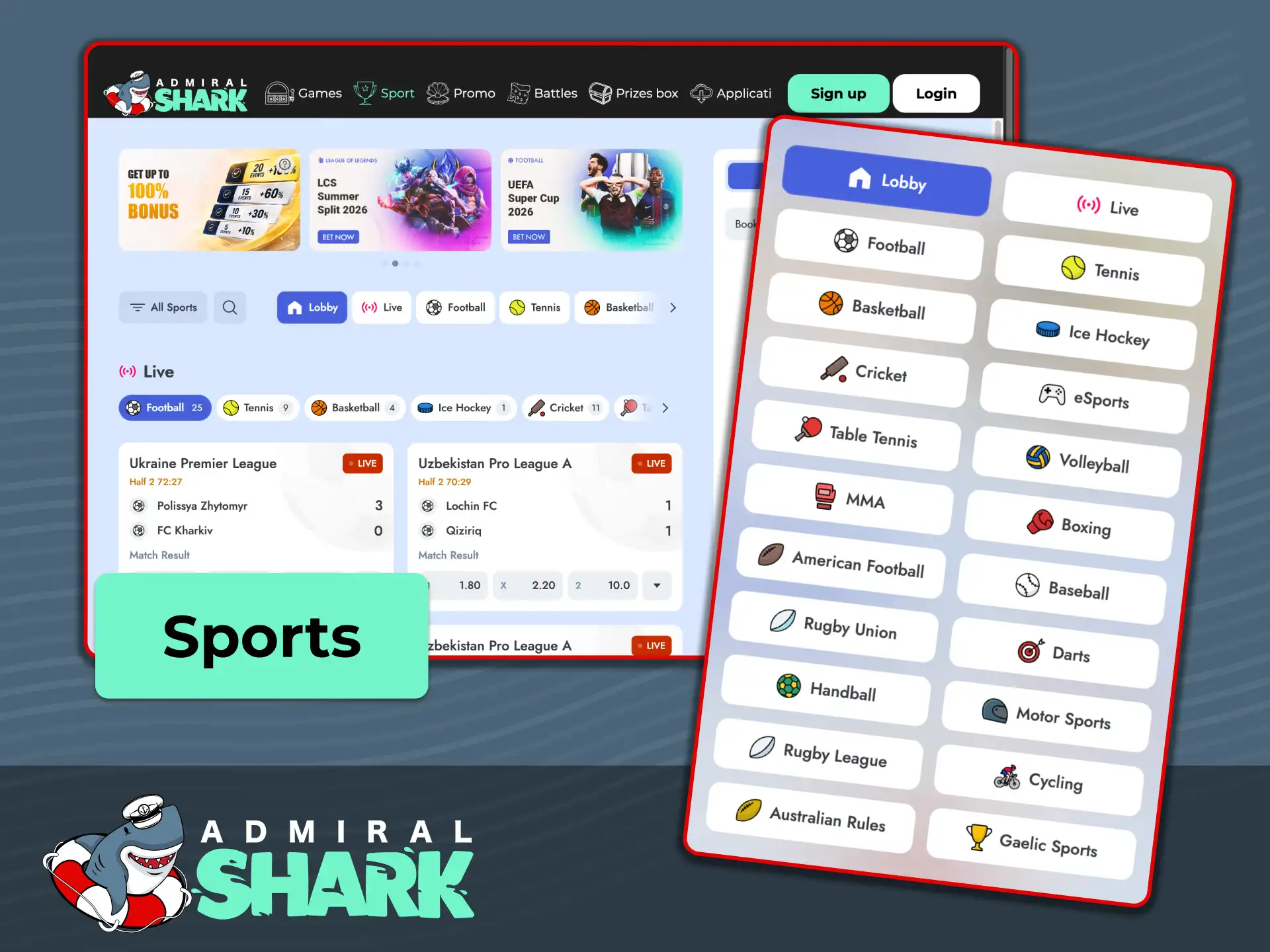 Bet on today's popular sports including football, tennis, and basketball at Admiral Shark.