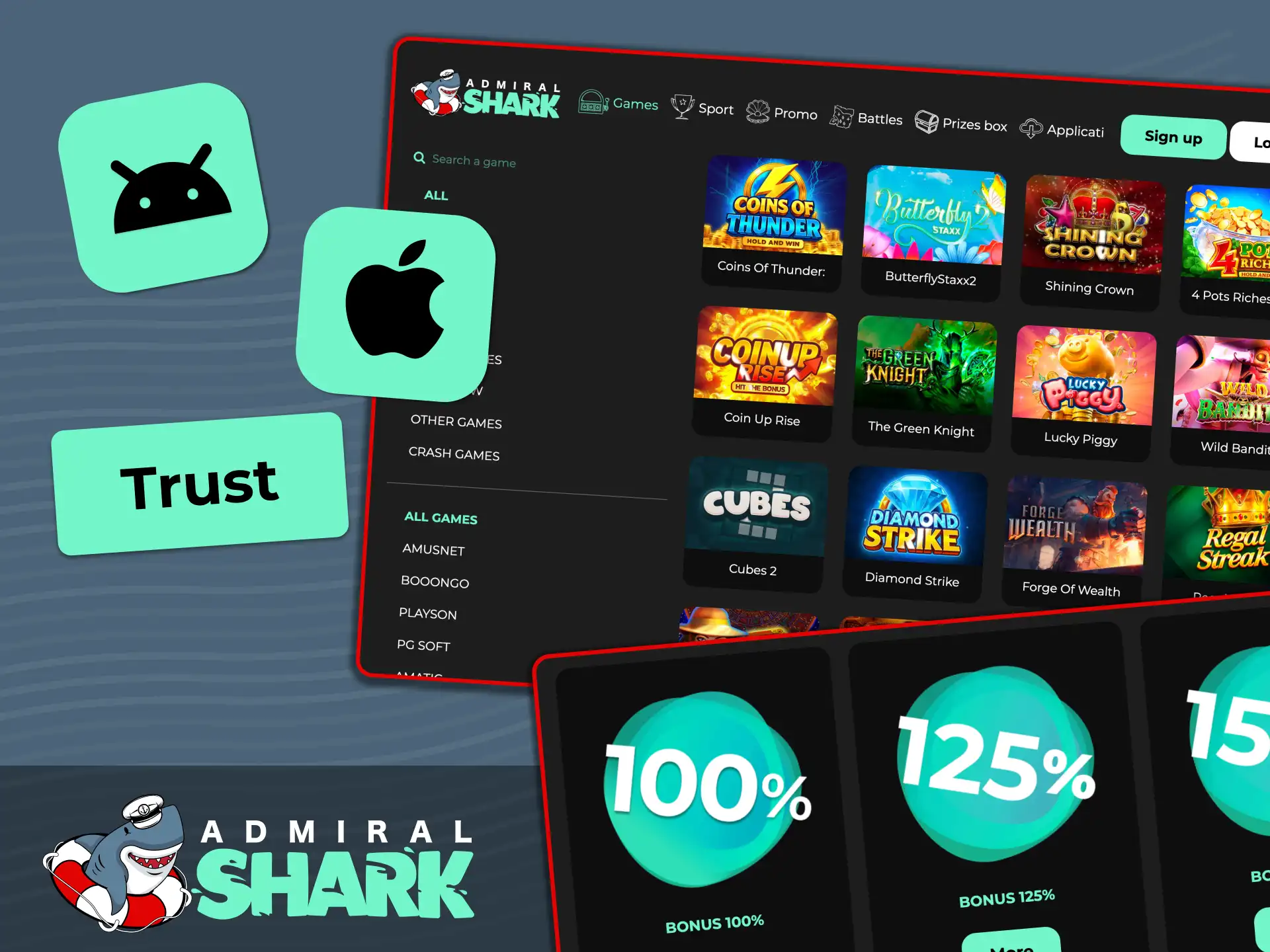 Manage sports bets and live casino games on Android and iOS apps with Admiral Shark.