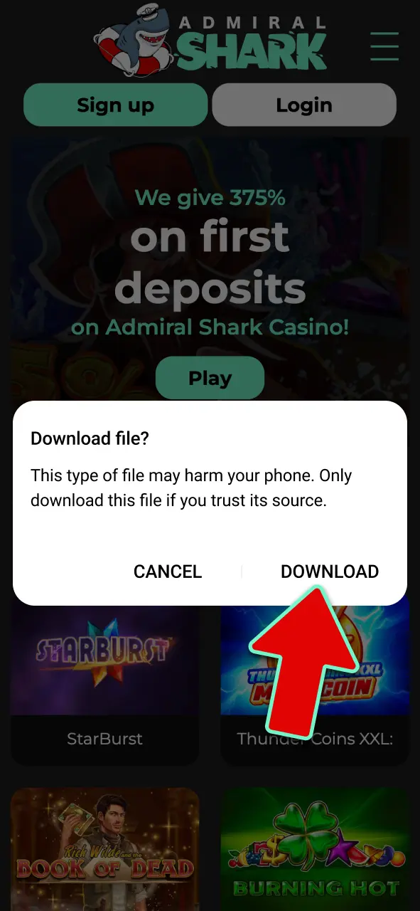 Accept the pop-up notification to download the official Admiral Shark APK file safely.