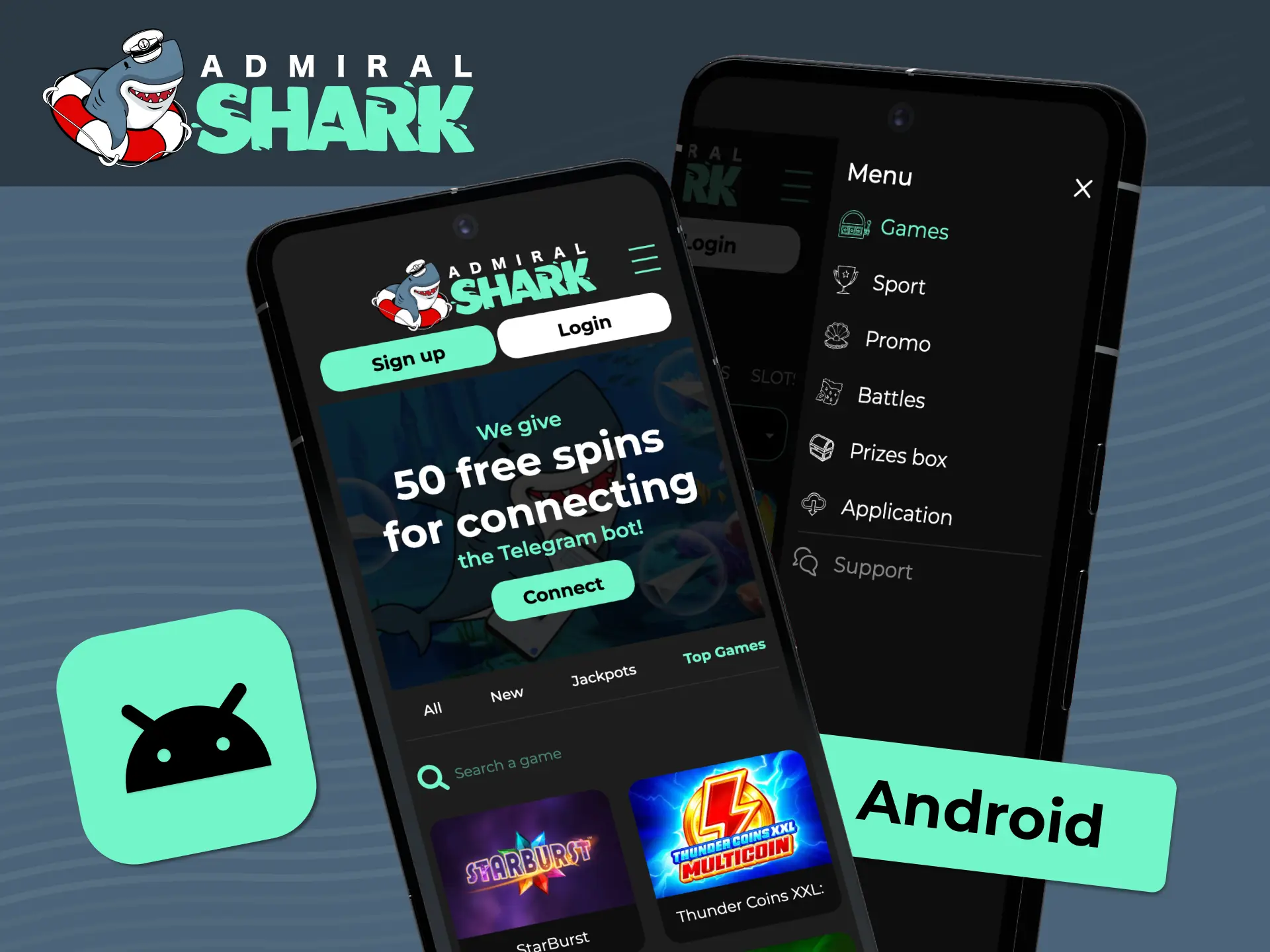 Download and install the Admiral Shark Android app for free mobile betting and casino games.