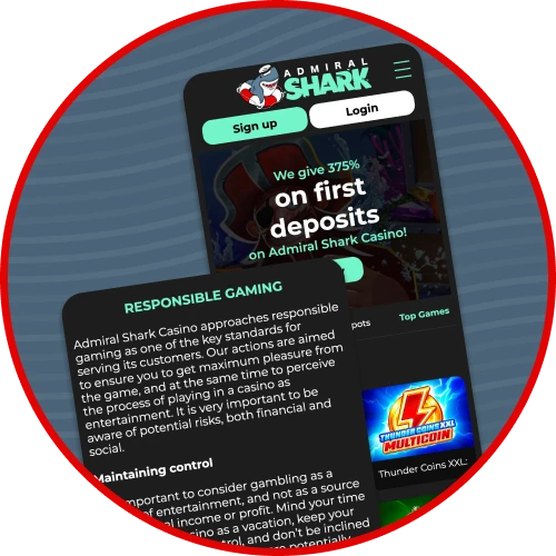 Access self-exclusion, reality checks, and session limits directly inside the Admiral Shark settings.