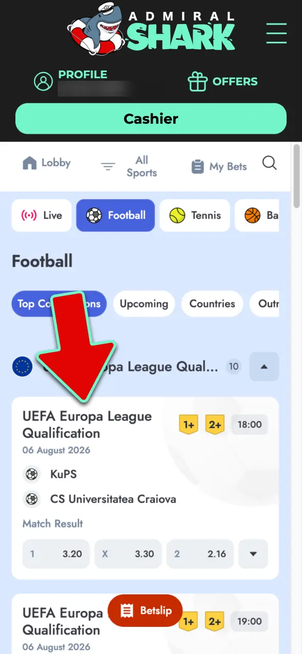 Browse sports disciplines or open the live betting tab in the Admiral Shark app.