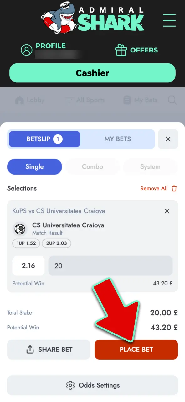 Enter your desired stake amount and tap Place Bet to confirm your wager at Admiral Shark.