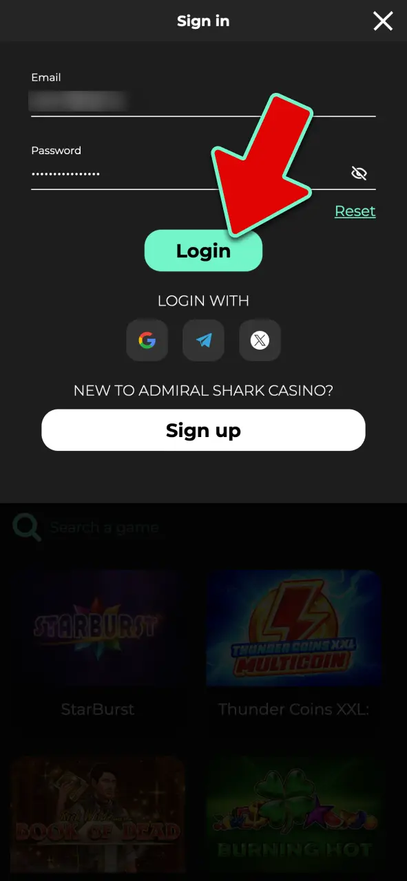 Log in to your Admiral Shark account using your email and password.