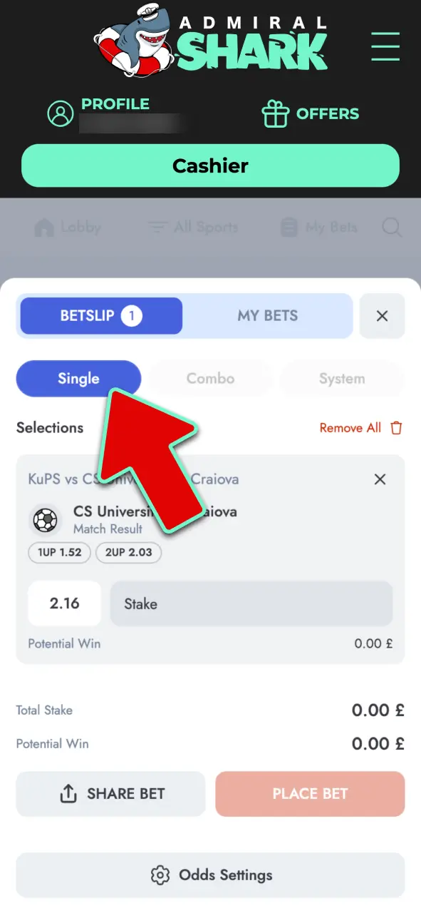 Open your bet slip and select Single, Acca, or System bet type in the Admiral Shark app.