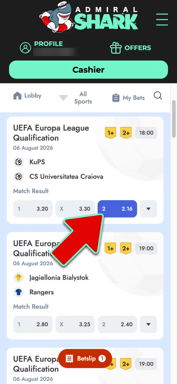 Tap preferred betting odds to instantly add selections to your Admiral Shark bet slip.