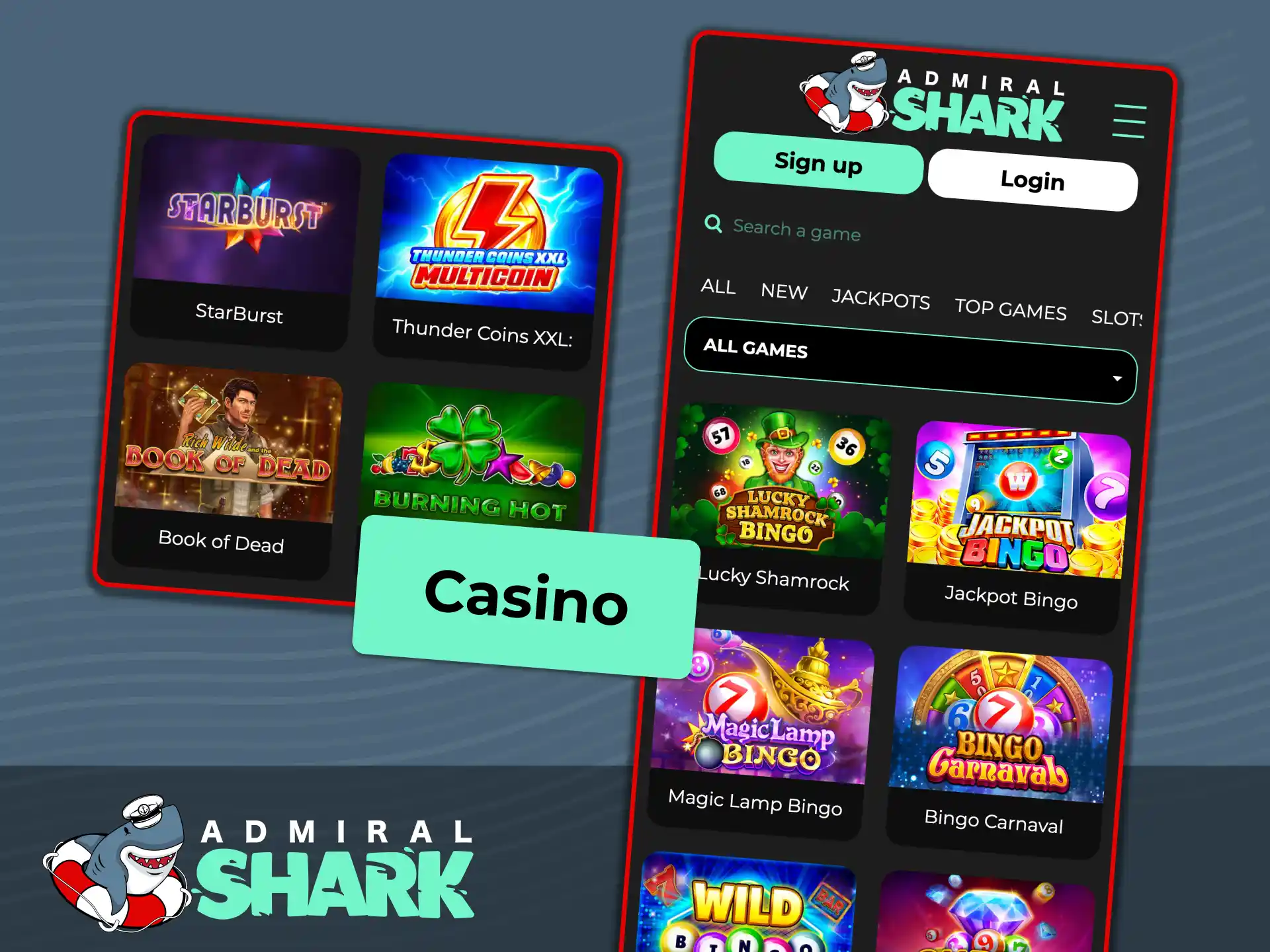 Access popular table games, classic slots, and live roulette directly in the Admiral Shark app.