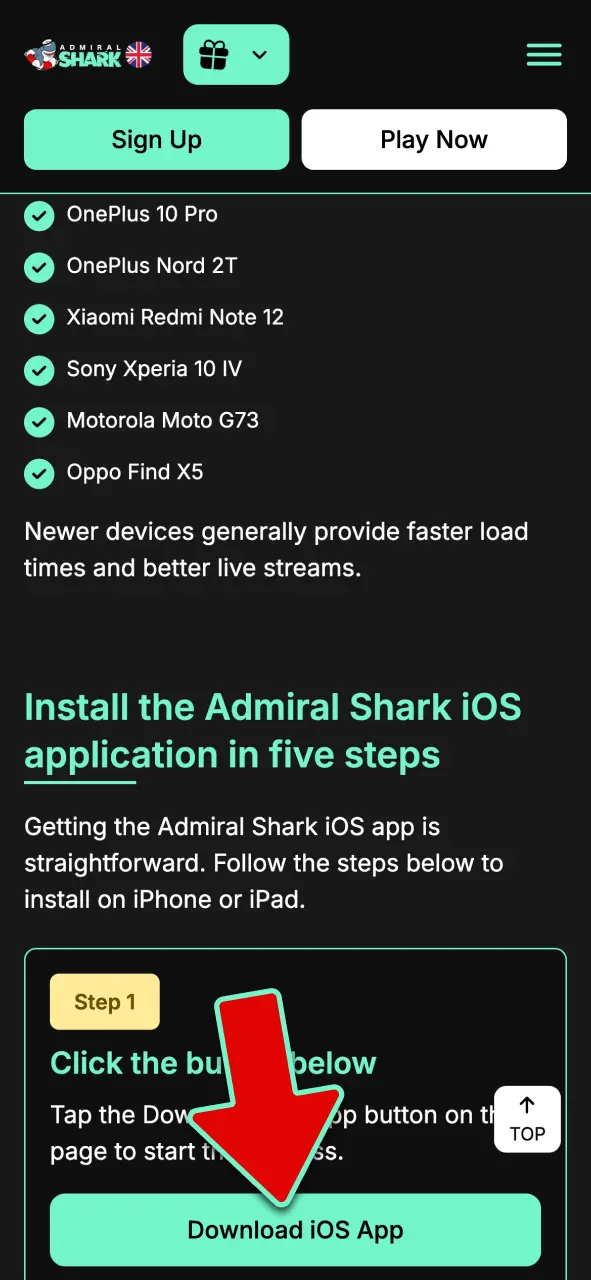 Click the iOS download button to initiate the Admiral Shark app setup process for Apple devices.