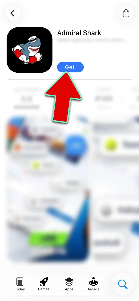 Tap Get in the App Store and authenticate to install the Admiral Shark app.