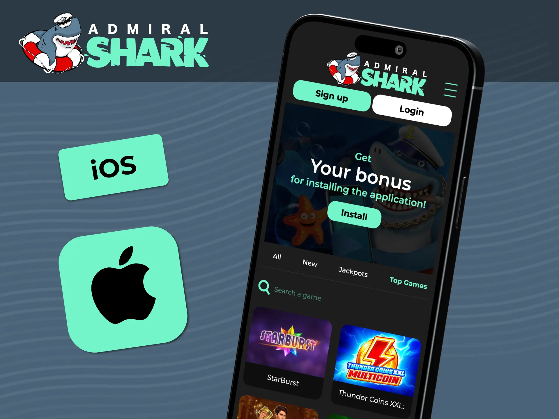 Access full website features and live sports betting via the Admiral Shark iPhone application.
