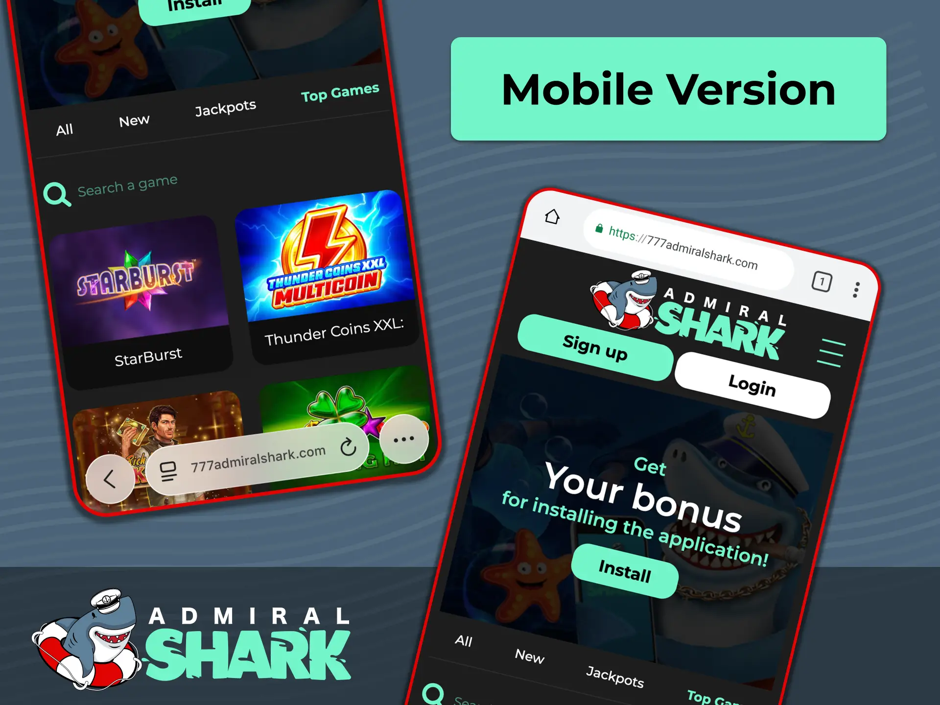 Access Admiral Shark on any smartphone browser for instant sports betting and casino games.