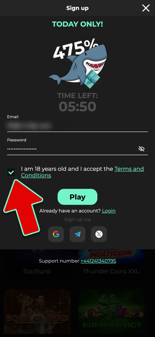 Confirm that you are over 18 and accept the terms and conditions at Admiral Shark.