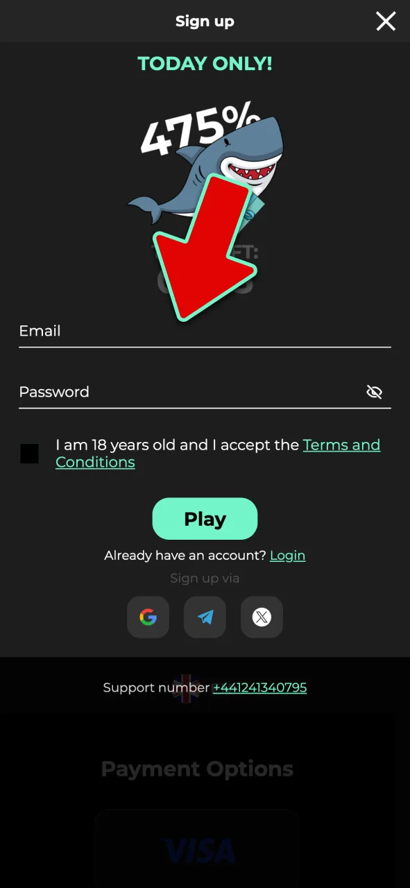 Tap Registration and choose your preferred sign-up method at Admiral Shark.