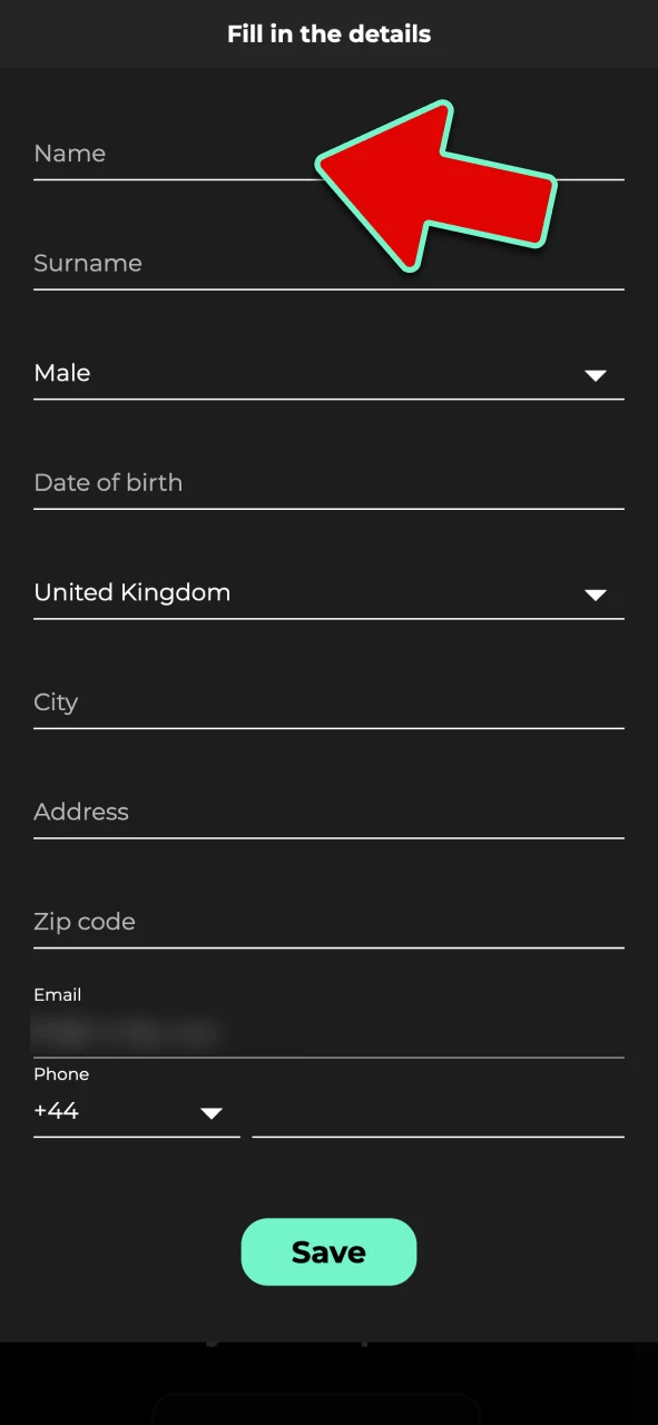 Fill in your account details and select currency and country options in the Admiral Shark app.
