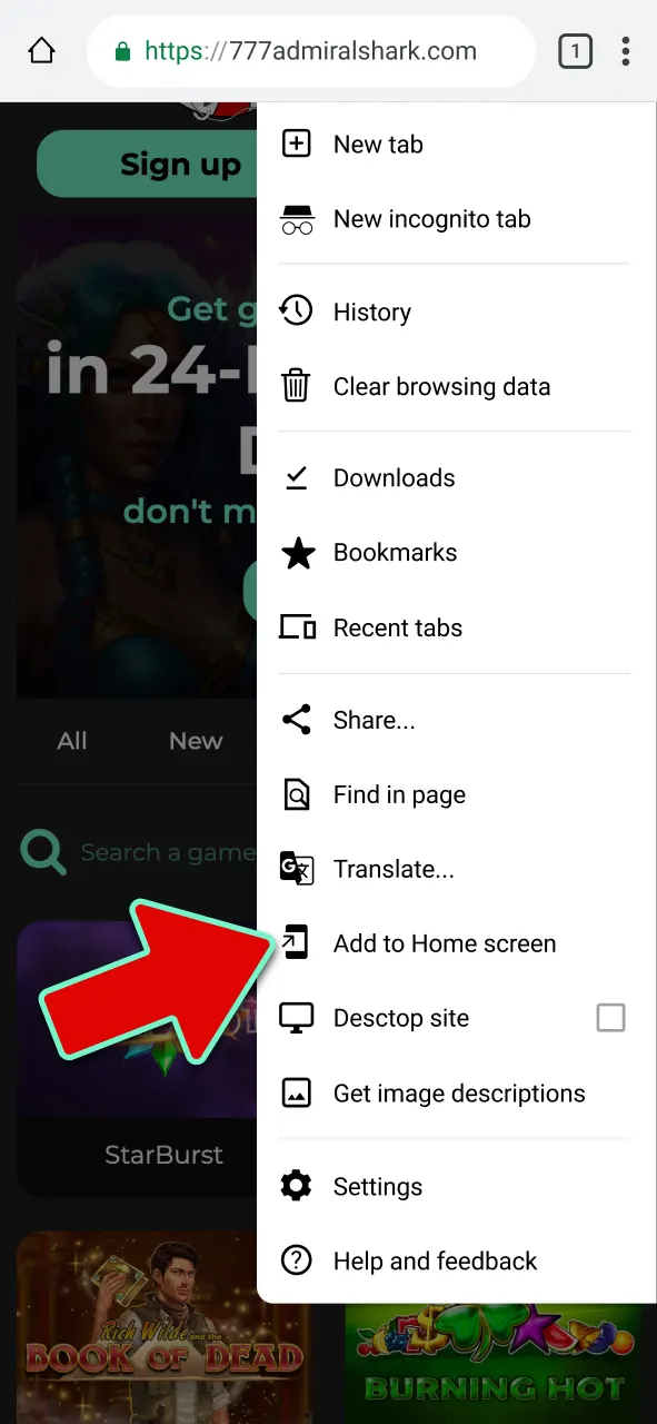 Open the site in Chrome, tap the menu, and select Add to Home Screen to install the Admiral Shark web app.