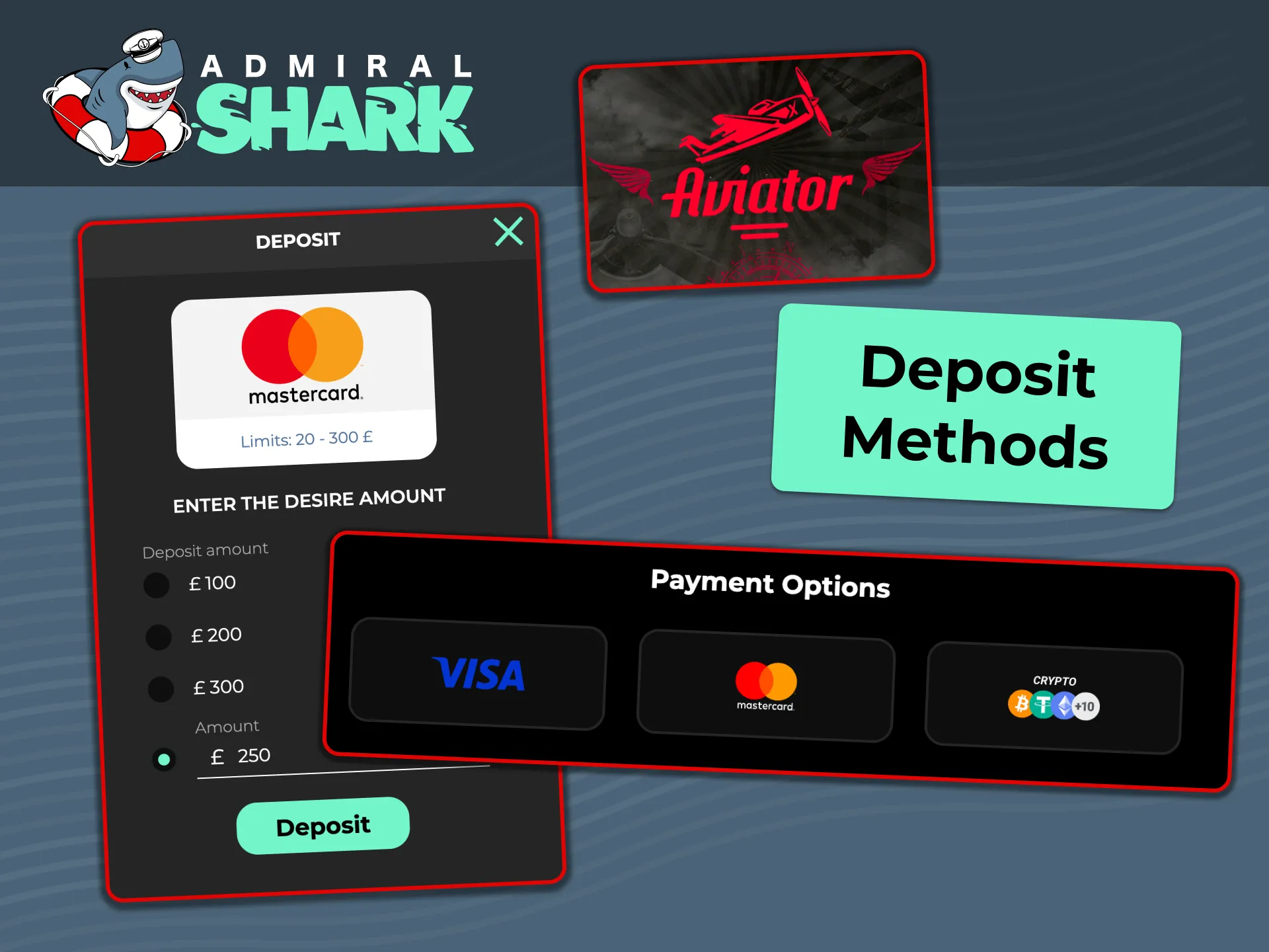 Choose from multiple secure deposit methods including Visa, Mastercard, and crypto options at Admiral Shark.