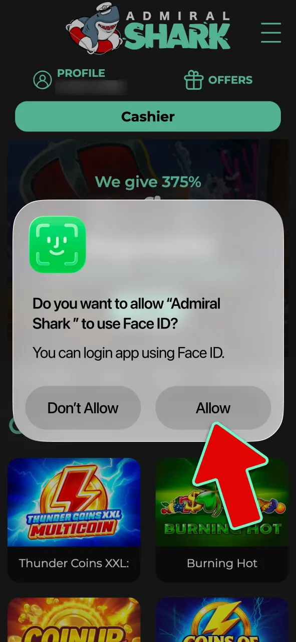 Open the app icon, log in to your account, and enable Face ID for quick access to Admiral Shark.