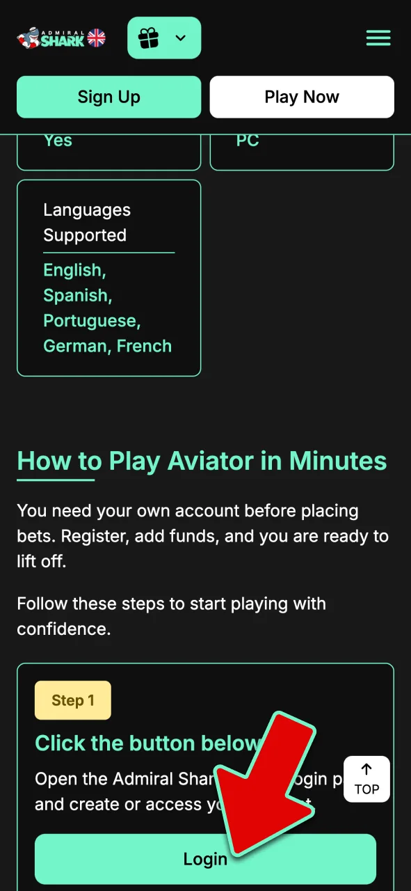 Click the button to access the Admiral Shark Aviator login page and register or sign in.