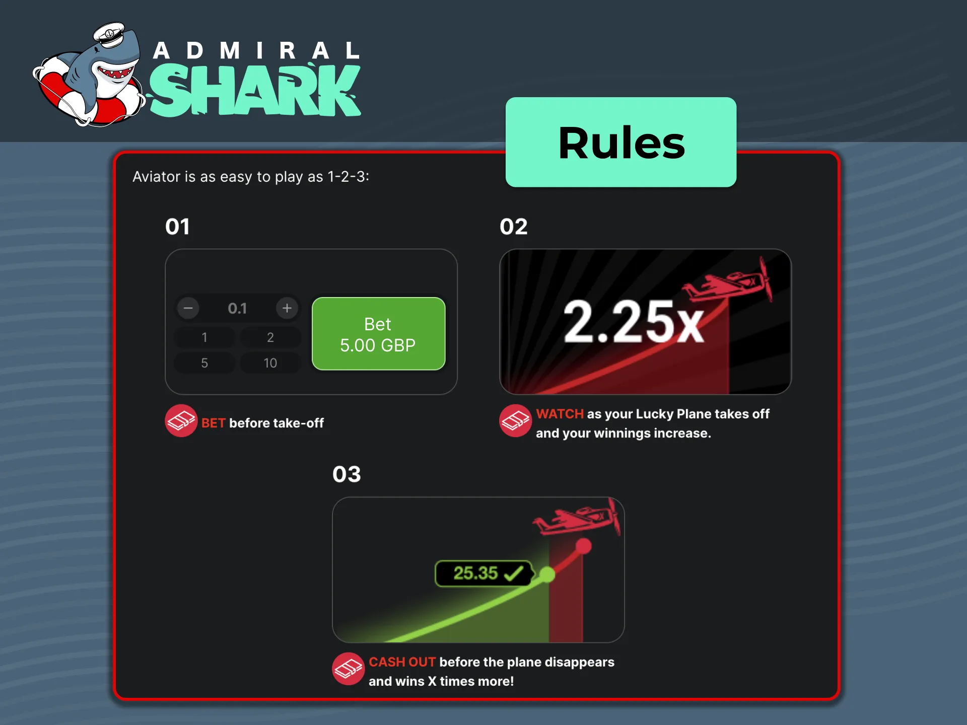 Understand Aviator rules at Admiral Shark, including low stake limits, dual bets, and multiplier mechanics.