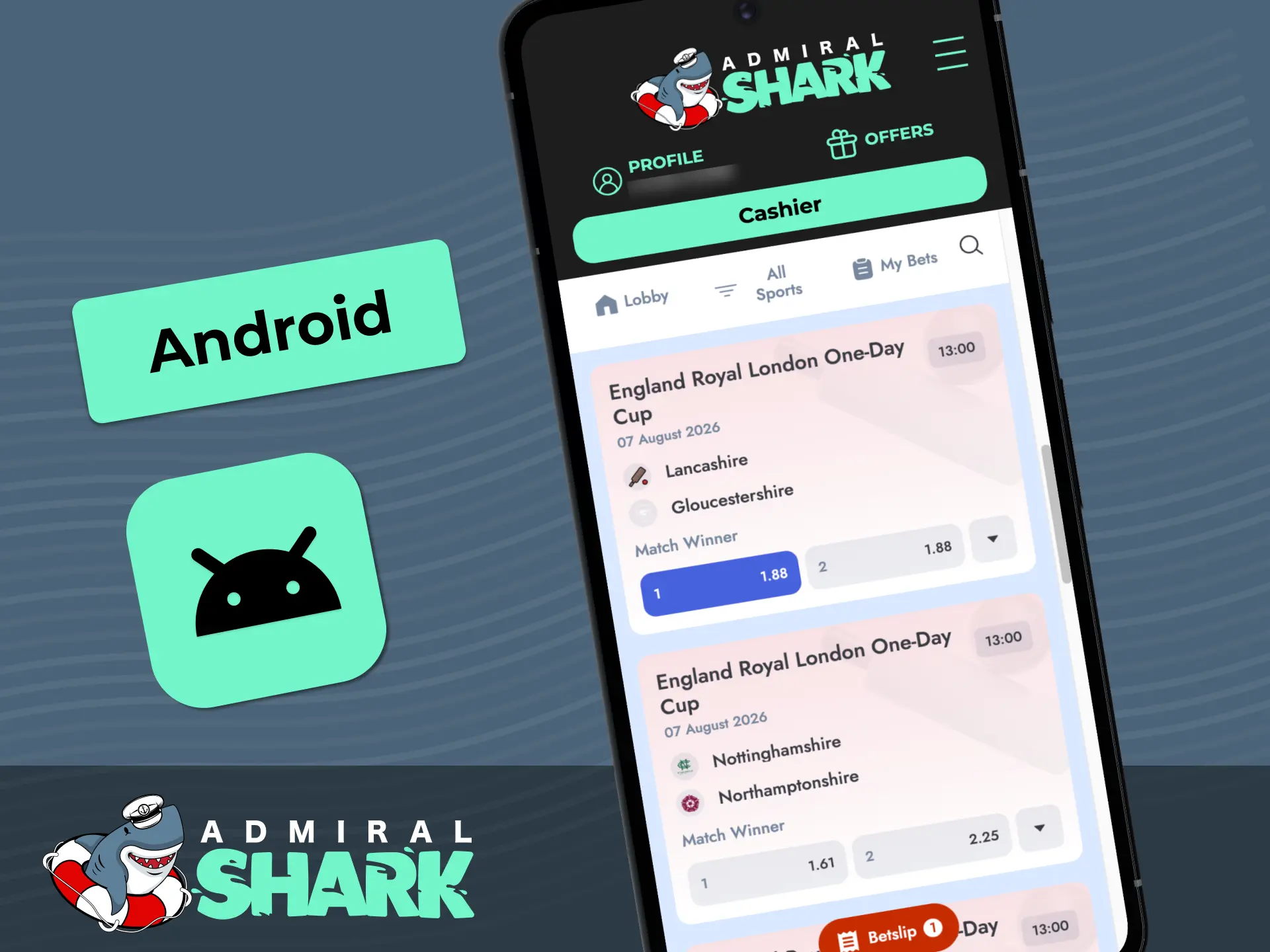 Enjoy smooth performance and minimal data usage with the official Admiral Shark Android betting application.