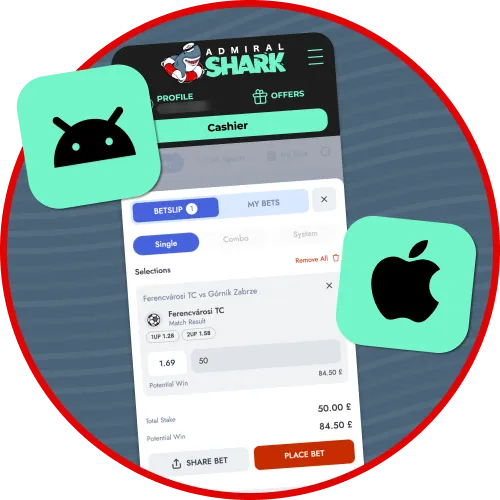Place sports bets on the go using the Admiral Shark Android app or iOS-friendly mobile site.