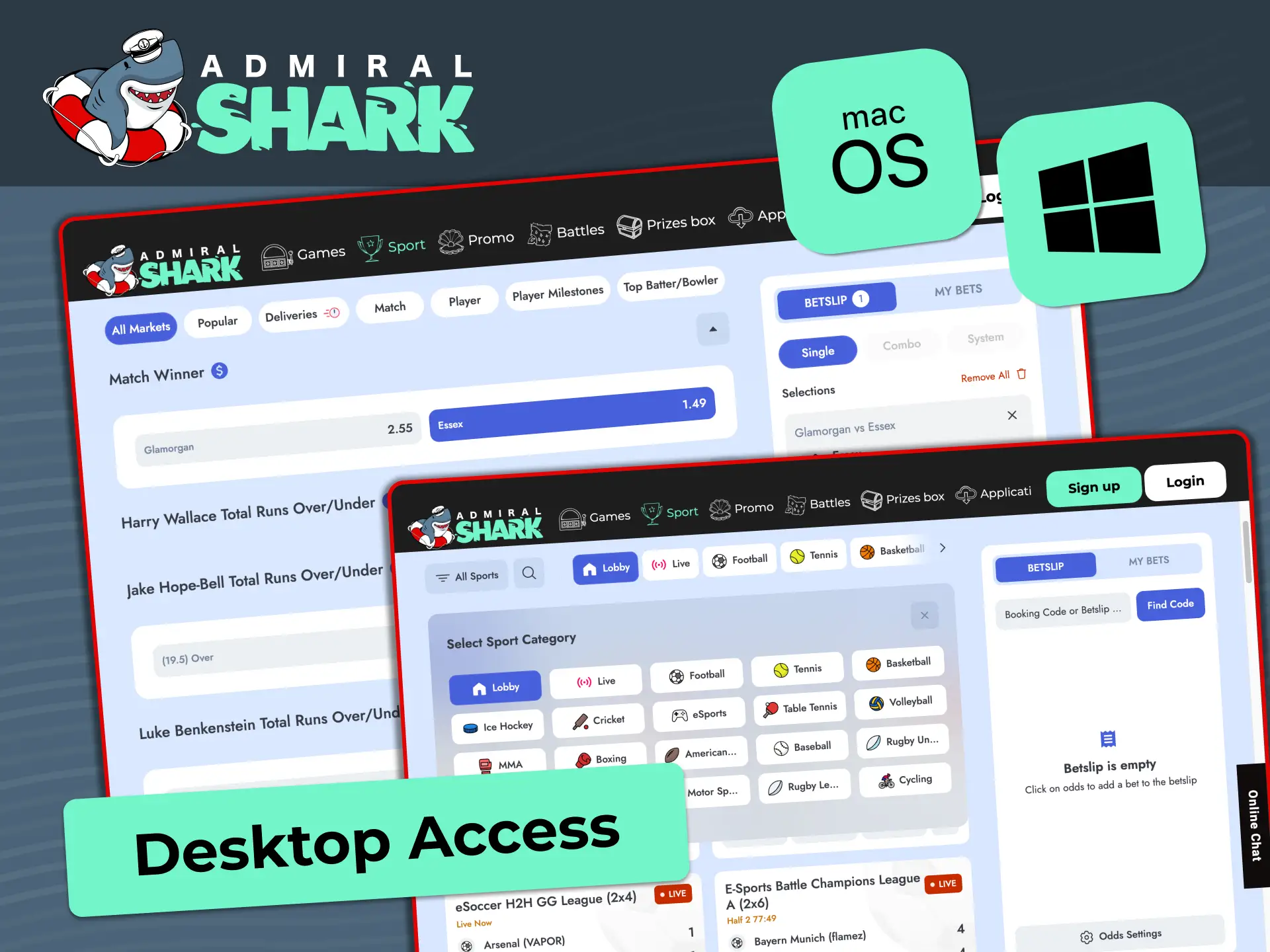 Access Admiral Shark on Windows and macOS using any modern web browser with no download needed.