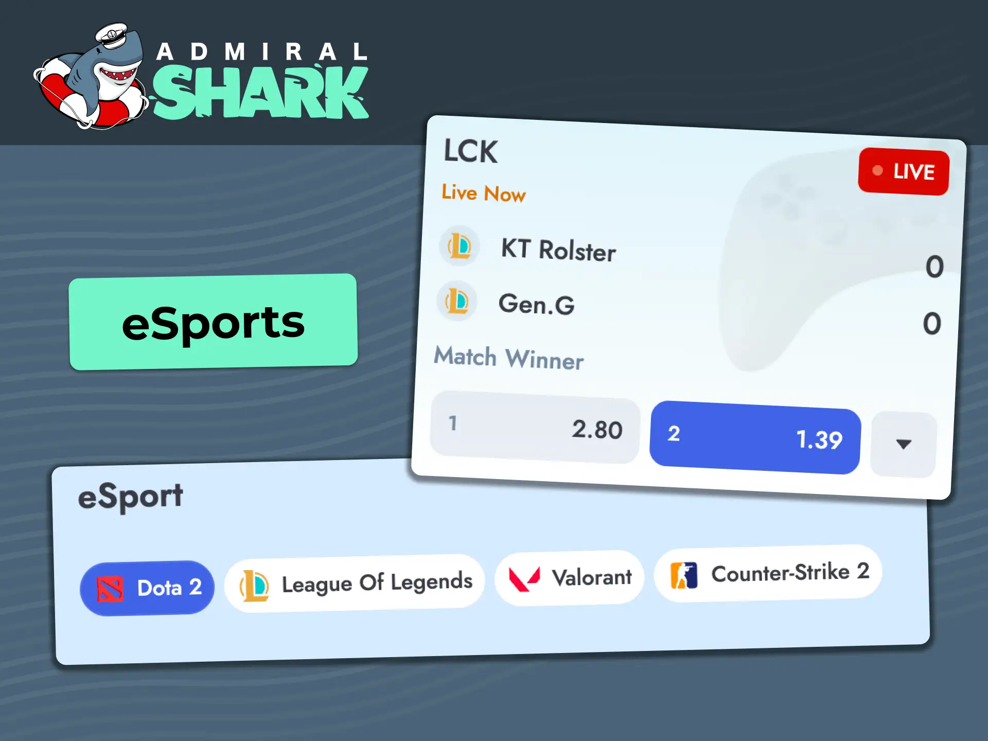 Bet on top esports events and major leagues with match, map, handicap, and total markets at Admiral Shark.