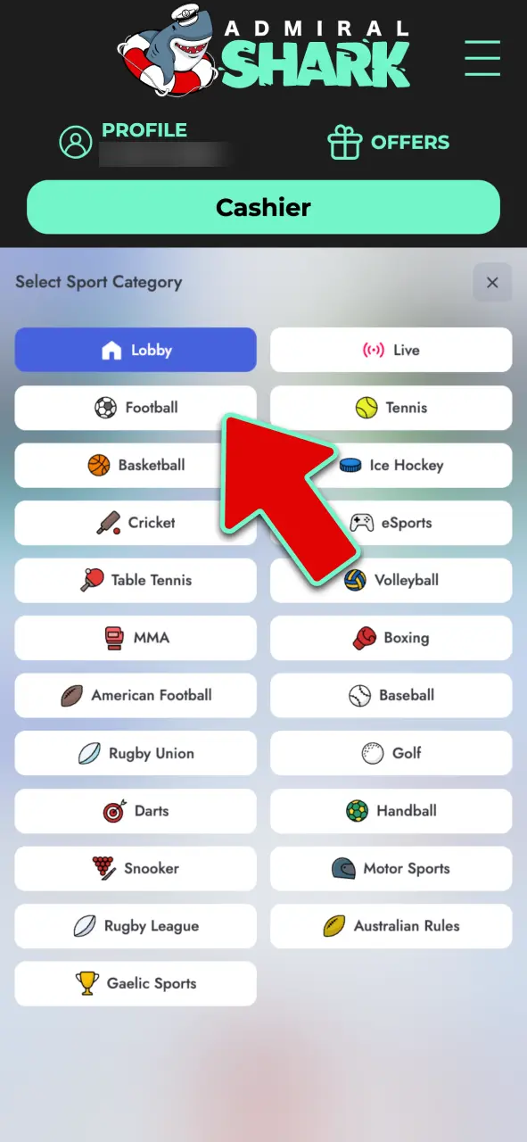 Select a sport and market to add selections to your bet slip at Admiral Shark.
