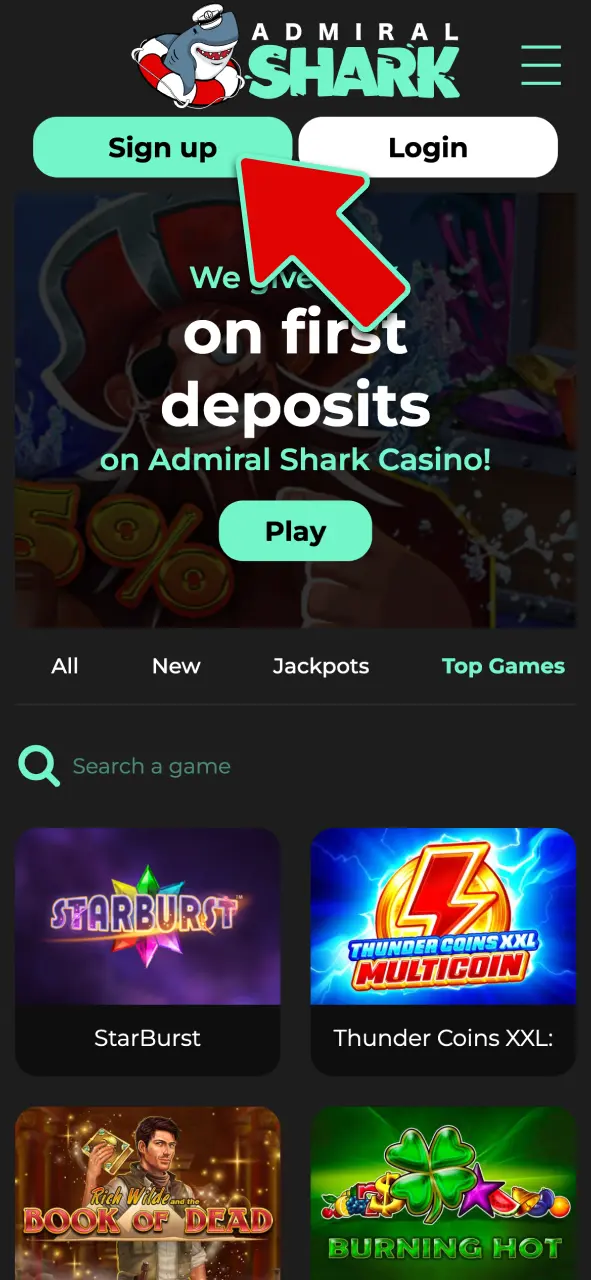 Click registration and create your new player account at Admiral Shark.