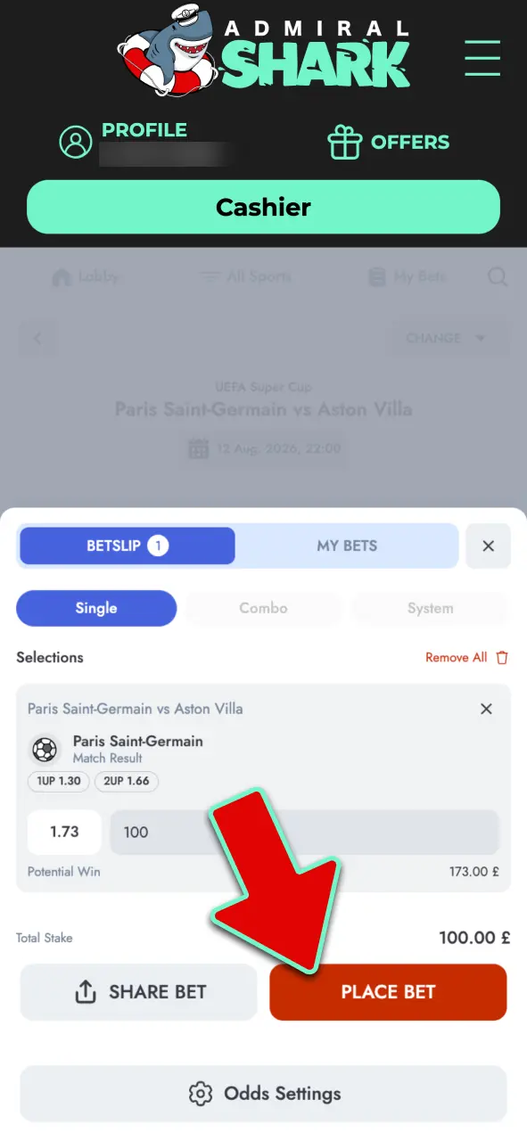 Place your wager and monitor live bet status in your account at Admiral Shark.