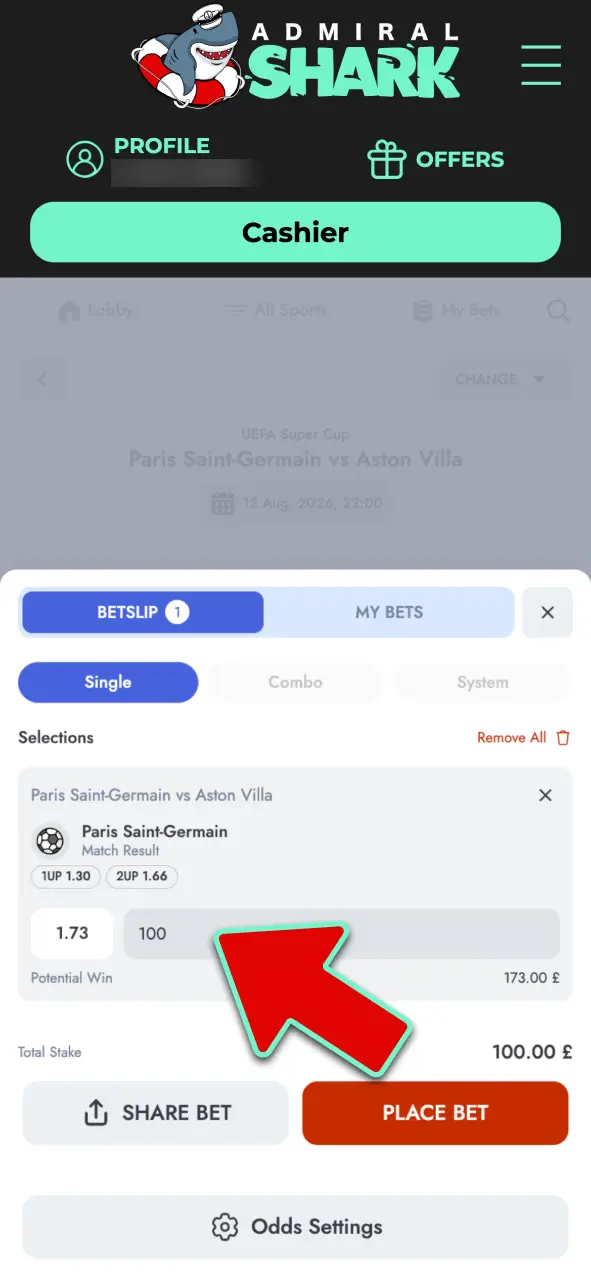 Enter your stake and check potential returns before placing a bet at Admiral Shark.