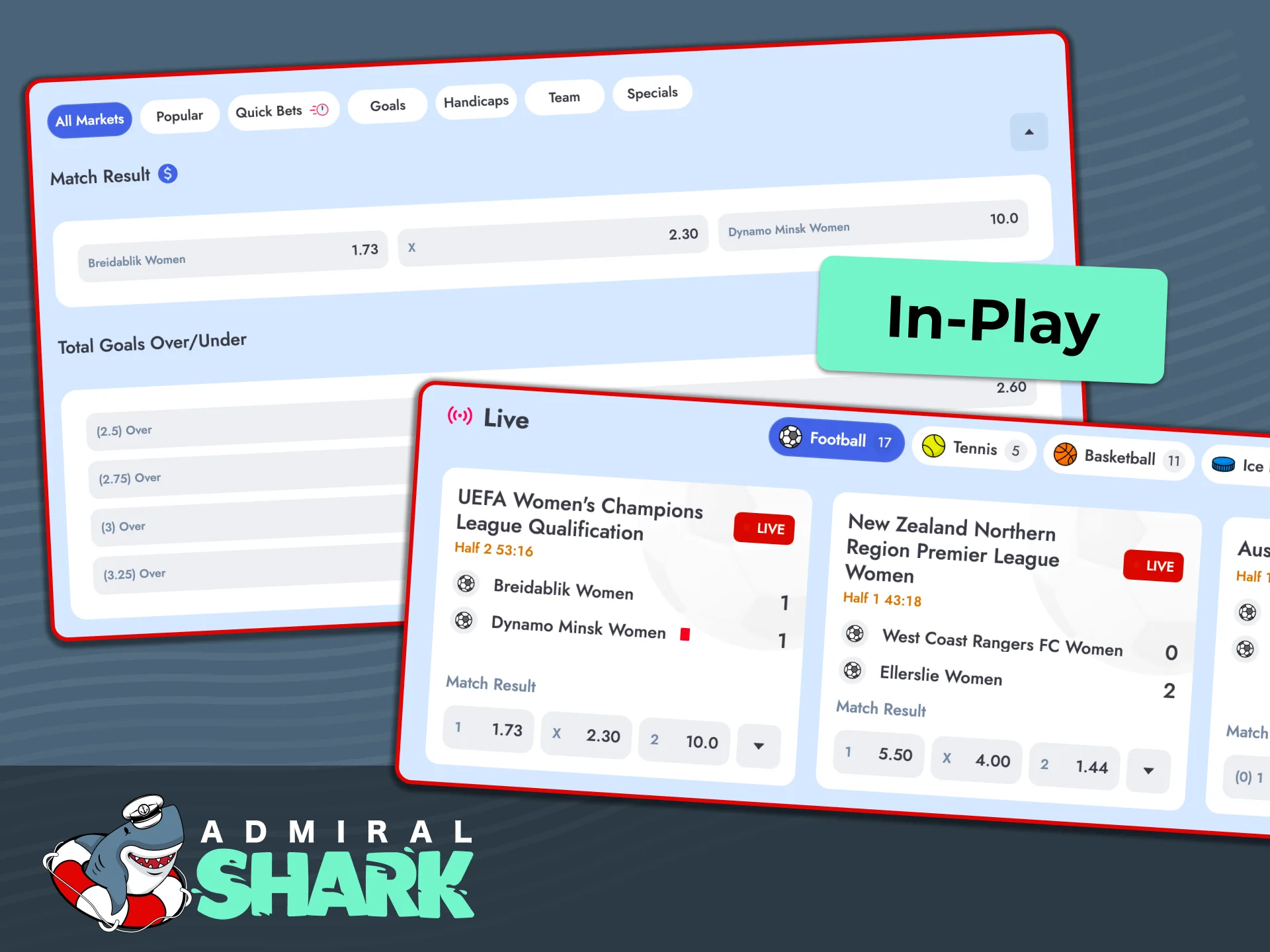 Experience fast in-play betting on football, tennis, basketball, and eSports at Admiral Shark.