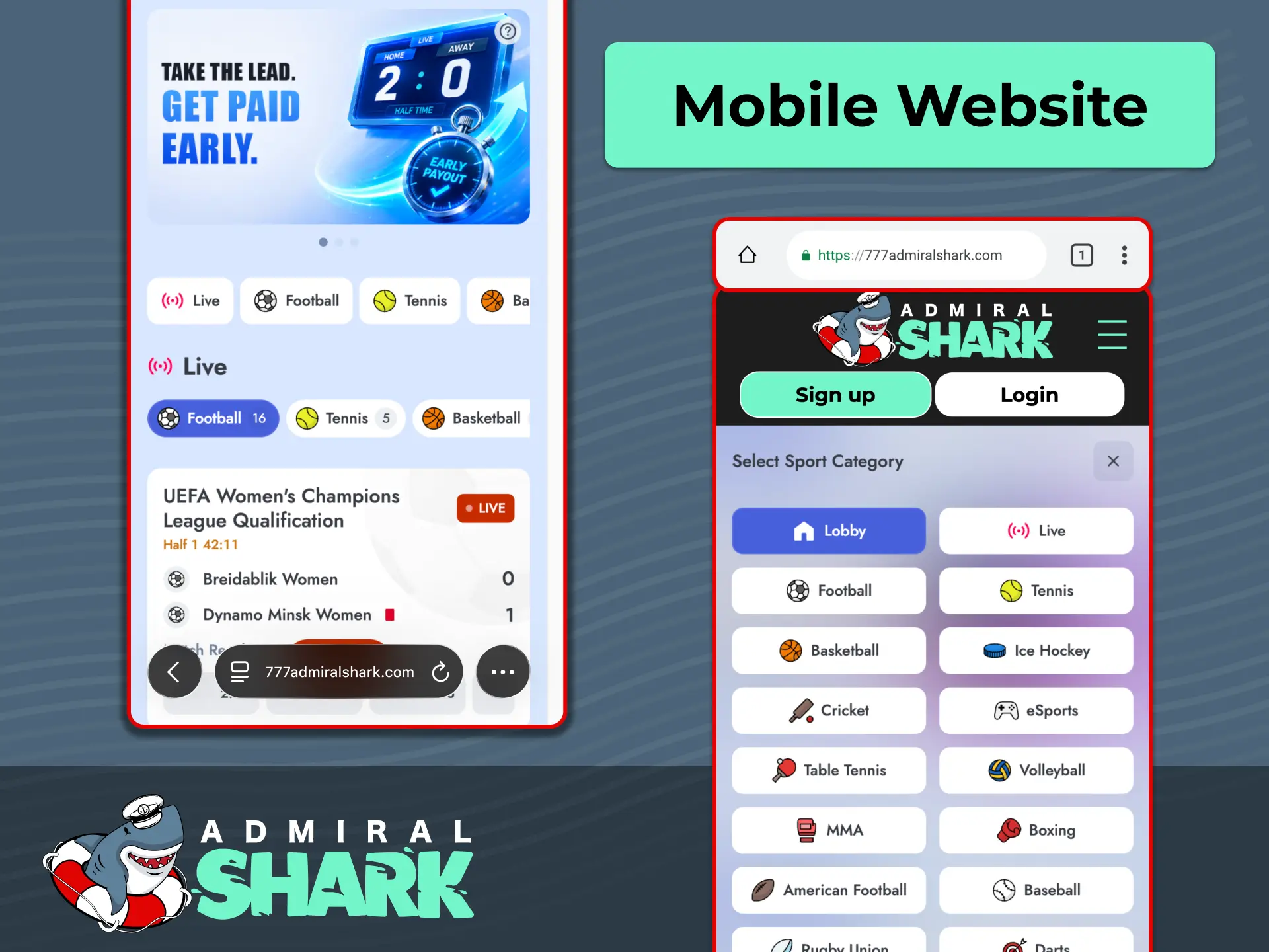 Experience full desktop functionality on the Admiral Shark mobile website for UK bettors.