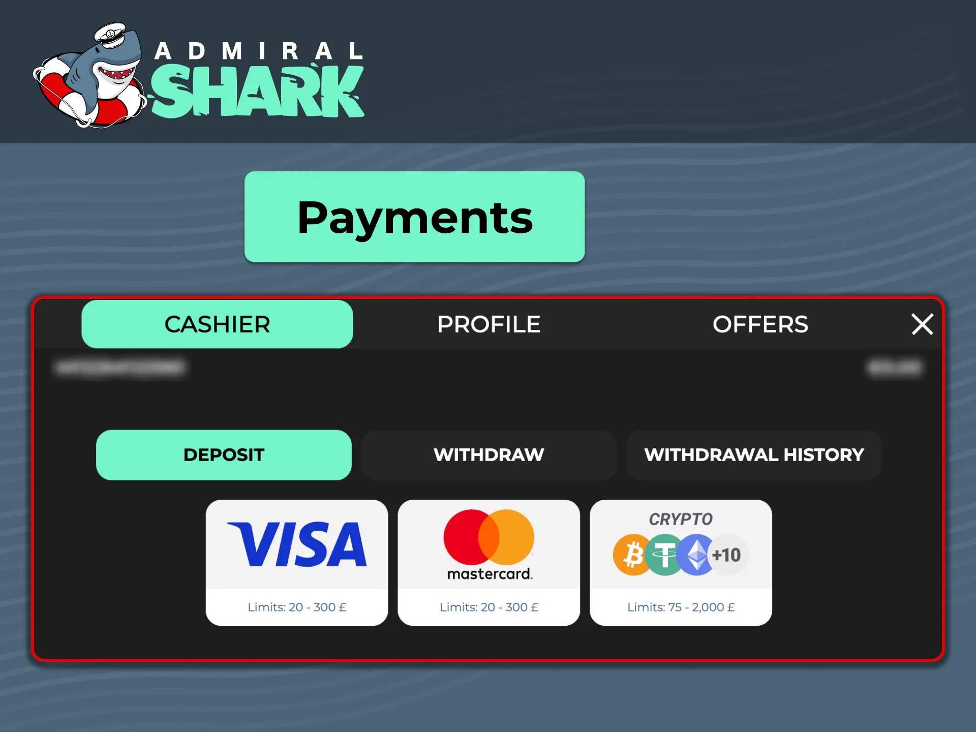 Make safe deposits and fast withdrawals using verified payment methods in the Admiral Shark UK cashier.