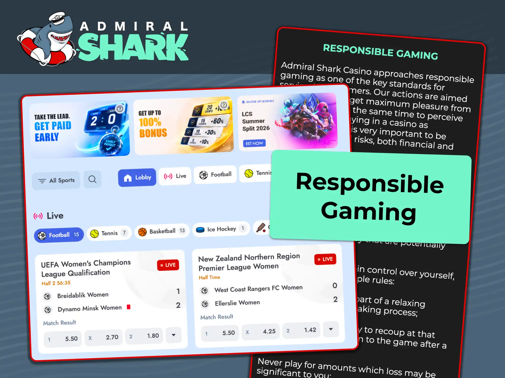 Manage your gambling safely with deposit limits, reality checks, and self-exclusion tools on Admiral Shark.