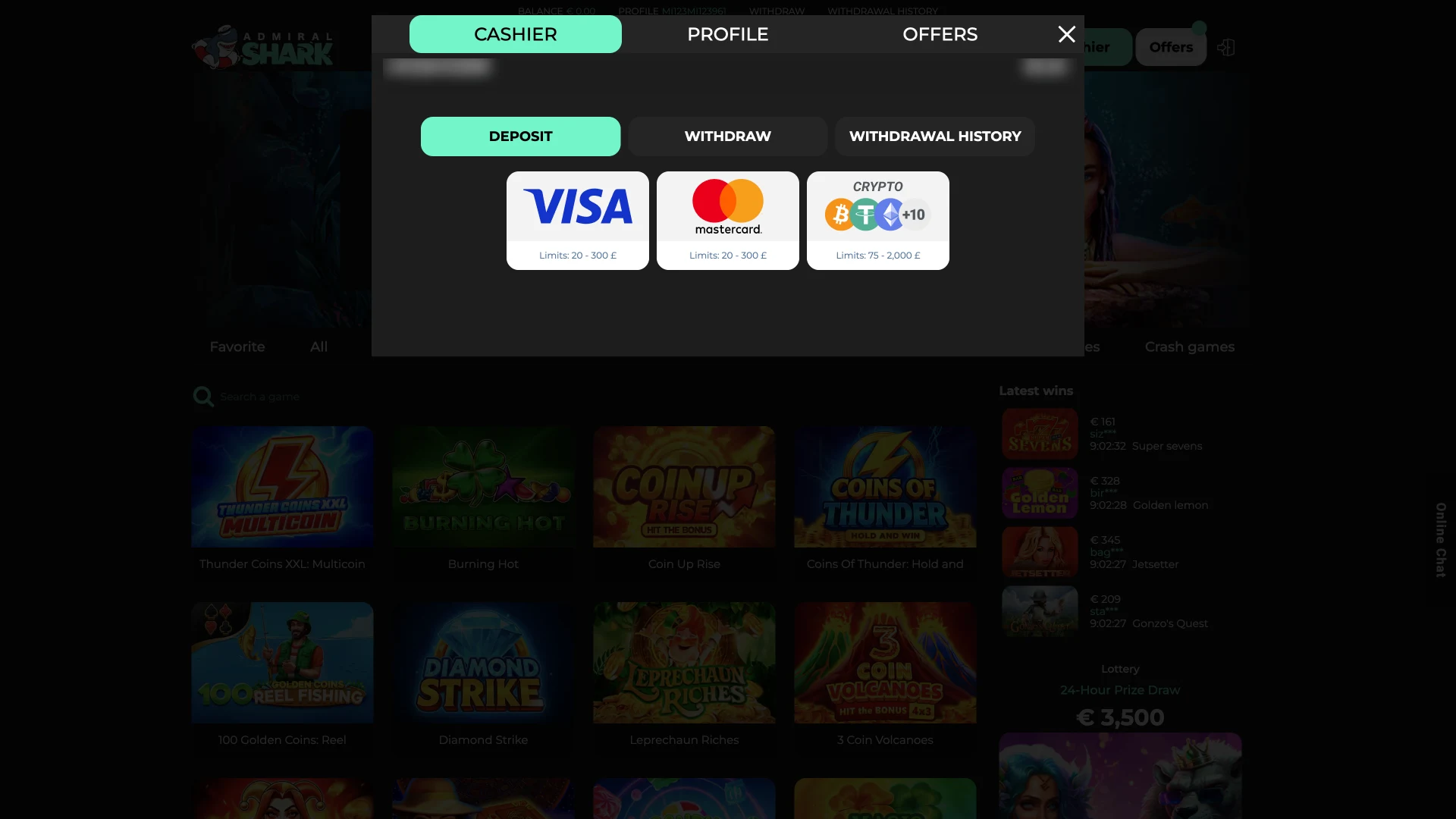 Open the Admiral Shark cashier menu to manage deposits, withdrawals, and available payment methods.