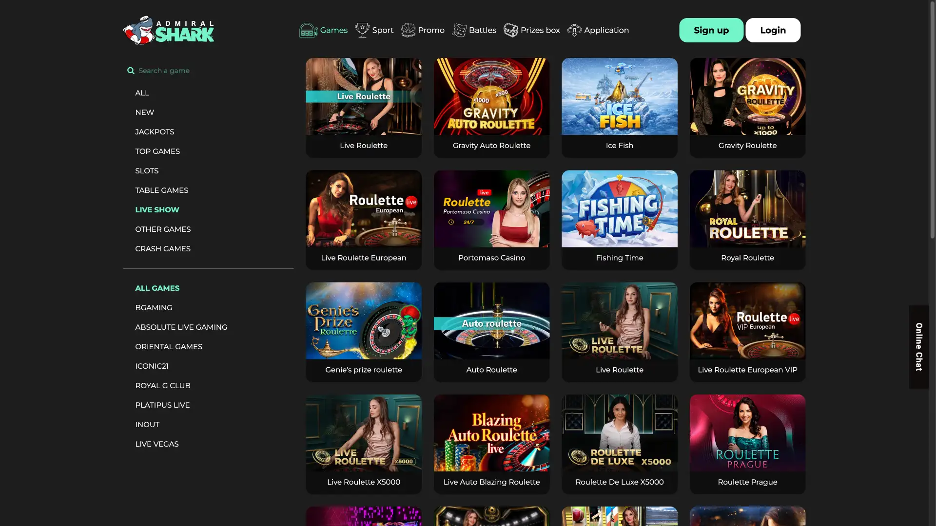 Explore live dealer tables, roulette, and game shows in the Admiral Shark live casino.