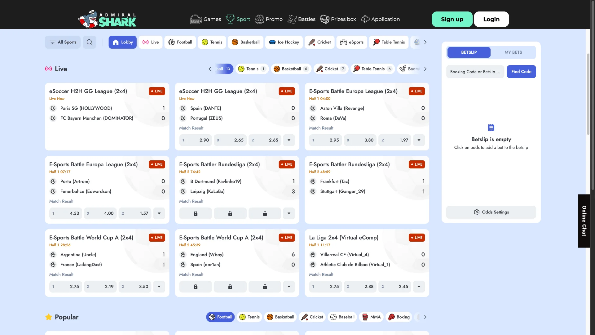 View top sports disciplines and live event lobbies directly in your web browser at Admiral Shark.