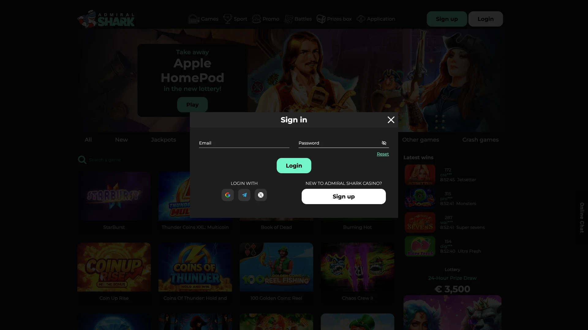 Open the account authorization window to complete your sign-in on Admiral Shark.