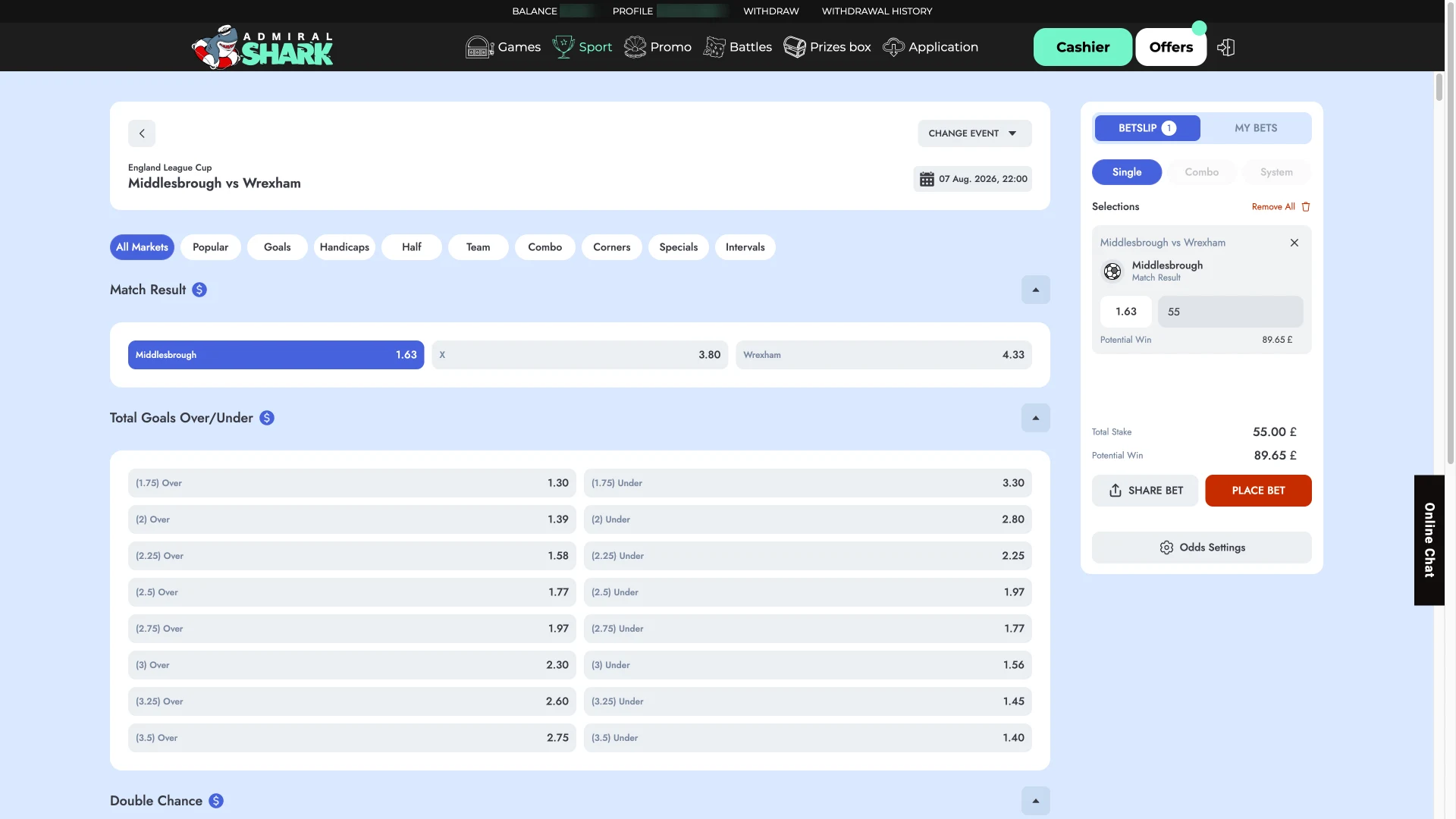 Open the Admiral Shark bet slip interface to review odds, set your stake, and place a wager.