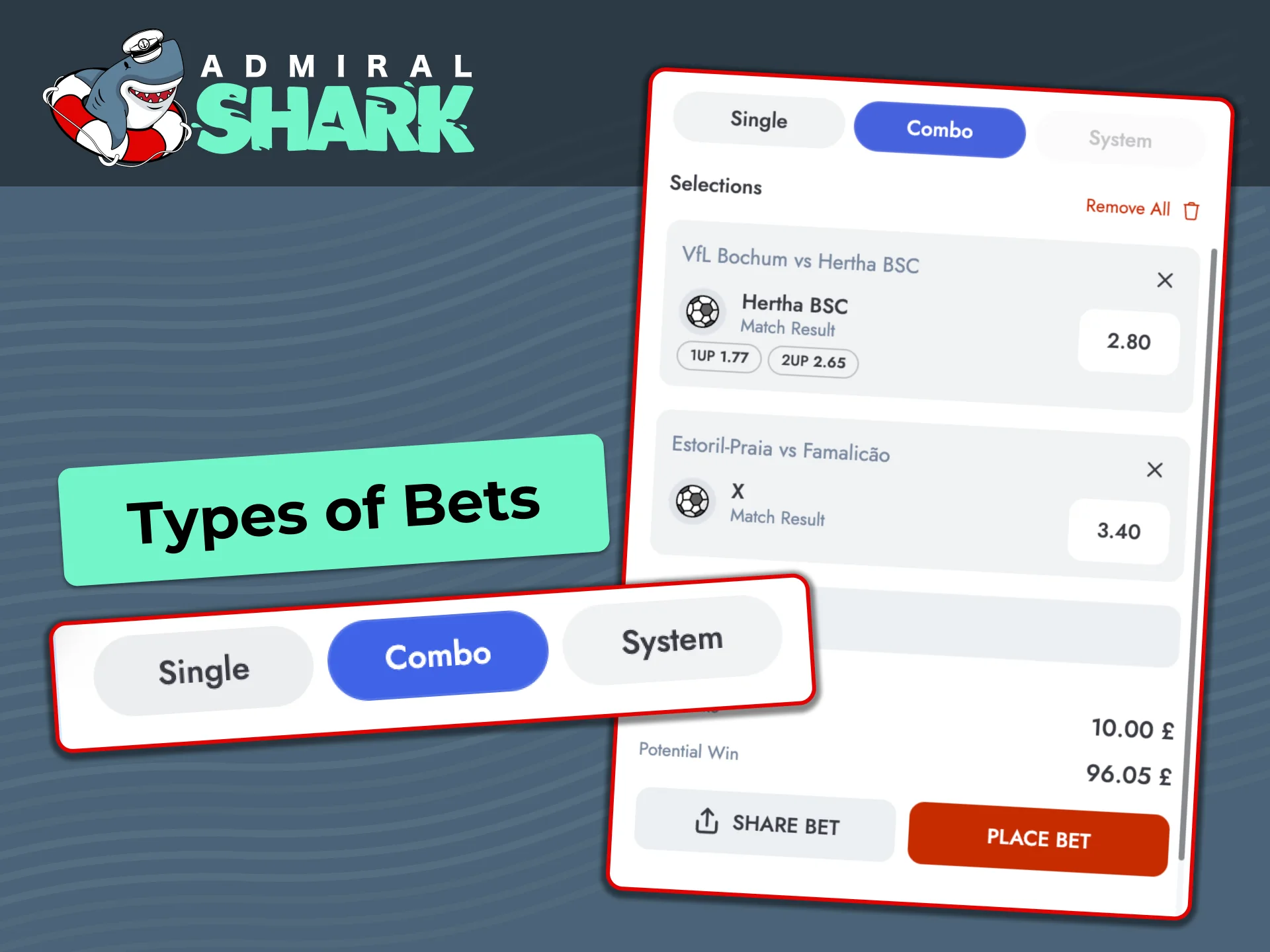Understand single, accumulator, and system bet structures on the Admiral Shark platform.